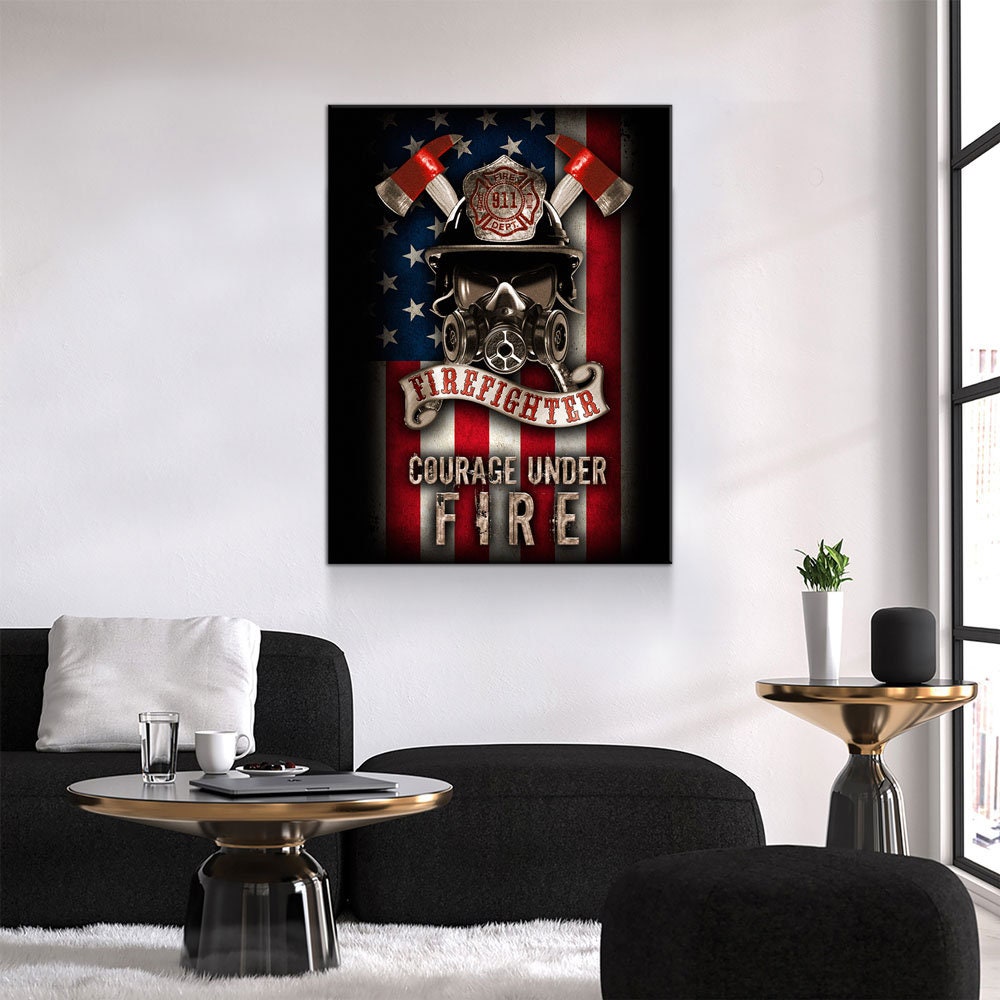 Firefighter Canvas Wall Art, Courage Under Fire Firefighter Decor, Thin Red Line Print, Firefighters Gift, Firehouse Art, Fire Station Decor
