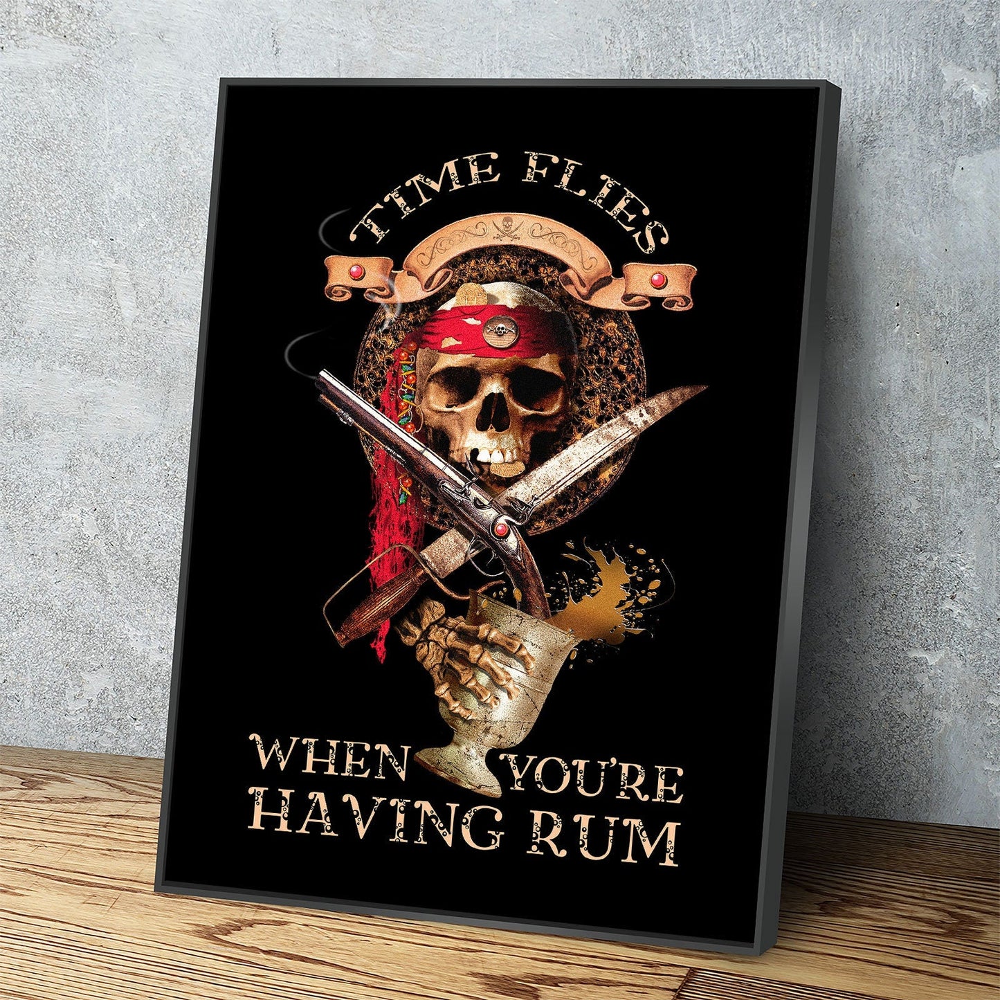 Pirate Decor, Time Flies When You're Having Rum Canvas Wall Art, Perfect For Man Cave, Man Cave Decor, Bar Decor, Pirate Art, Pirate Decor With Floating Frame