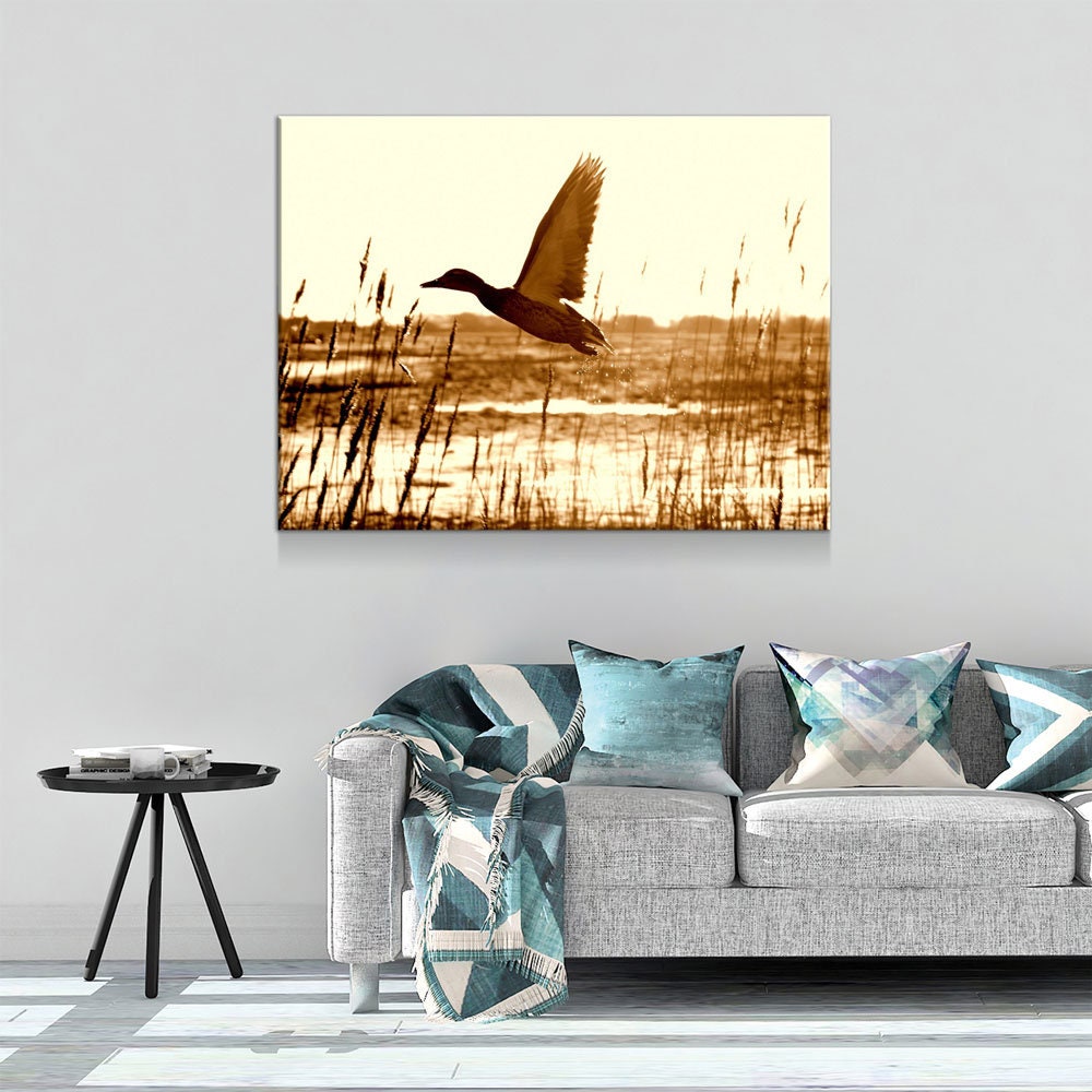 Duck Hunting Canvas Wall Art, Duck Wall Art, Duck Hunters Decor, Cabin Decor, Hunting Decor, Duck Flying In Field Gallery Wrap