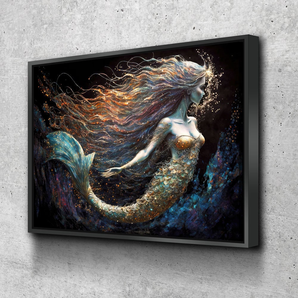 Mermaid Canvas Wall Art, Abstract Mermaid Decor, Mermaid Canvas Print, Mermaid Wall Decor, Mermaid Art, Kids Room Decor, Fantasy Art With Floating Frame