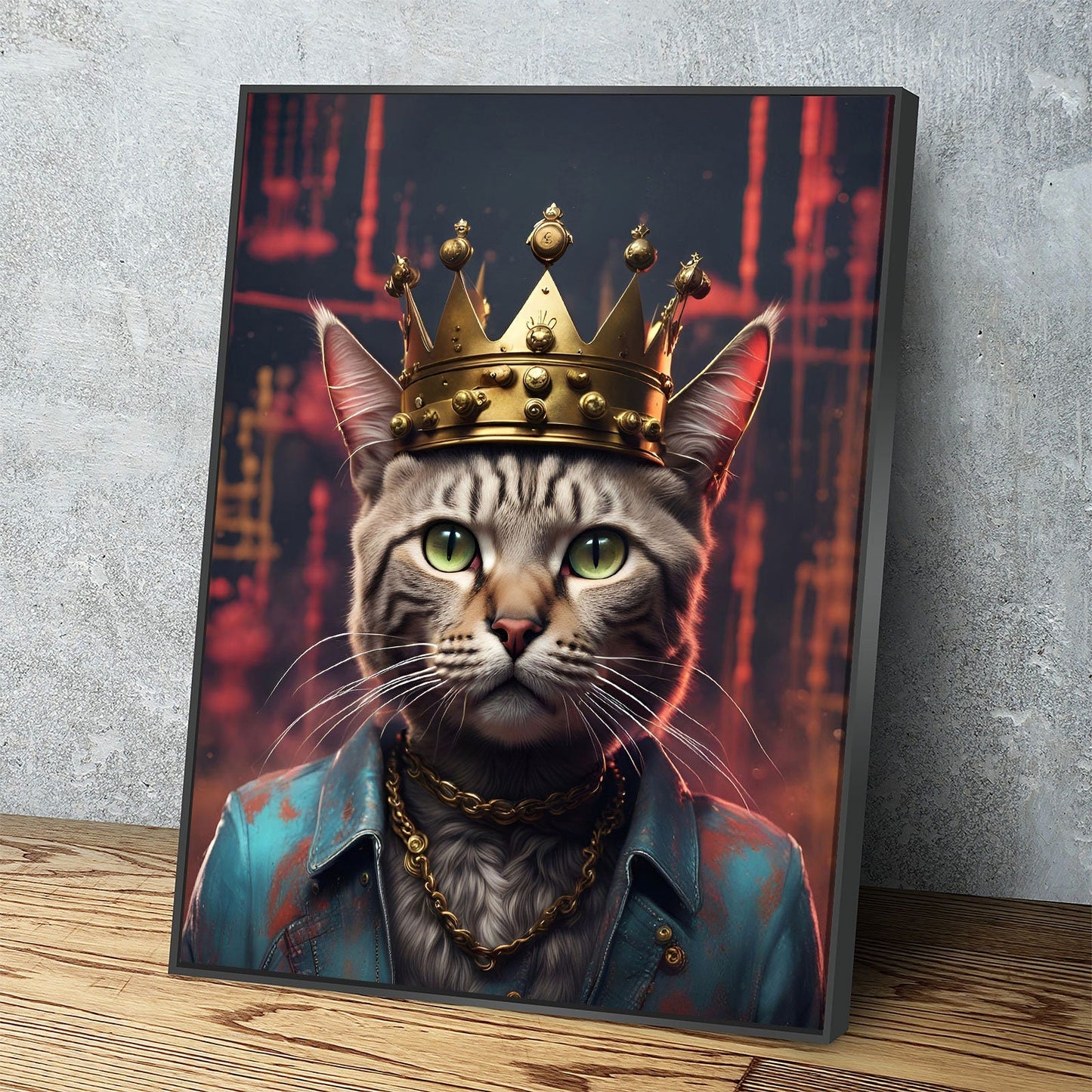 Street King Cat Canvas Wall Art, Abstract Cat Art, Street Cat Art, Cat With Crown Print, Funny Cat Print Black Floating Frame