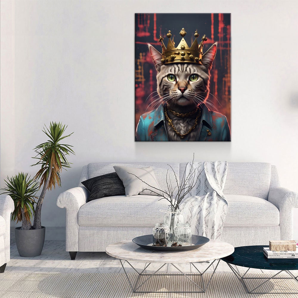 Street King Cat Canvas Wall Art, Abstract Cat Art, Street Cat Art, Cat With Crown Print, Funny Cat Print Gallery Wrap