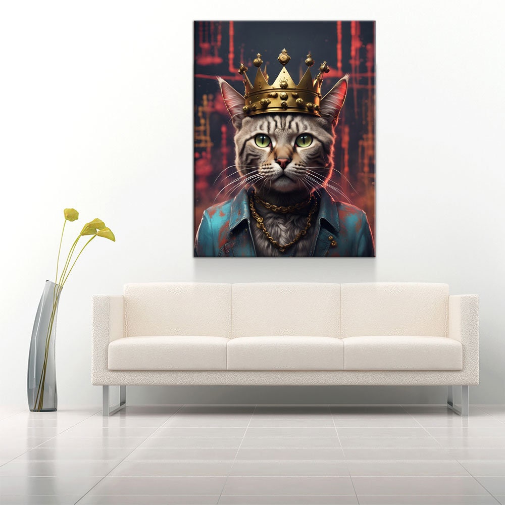 Street King Cat Canvas Wall Art, Abstract Cat Art, Street Cat Art, Cat With Crown Print, Funny Cat Print