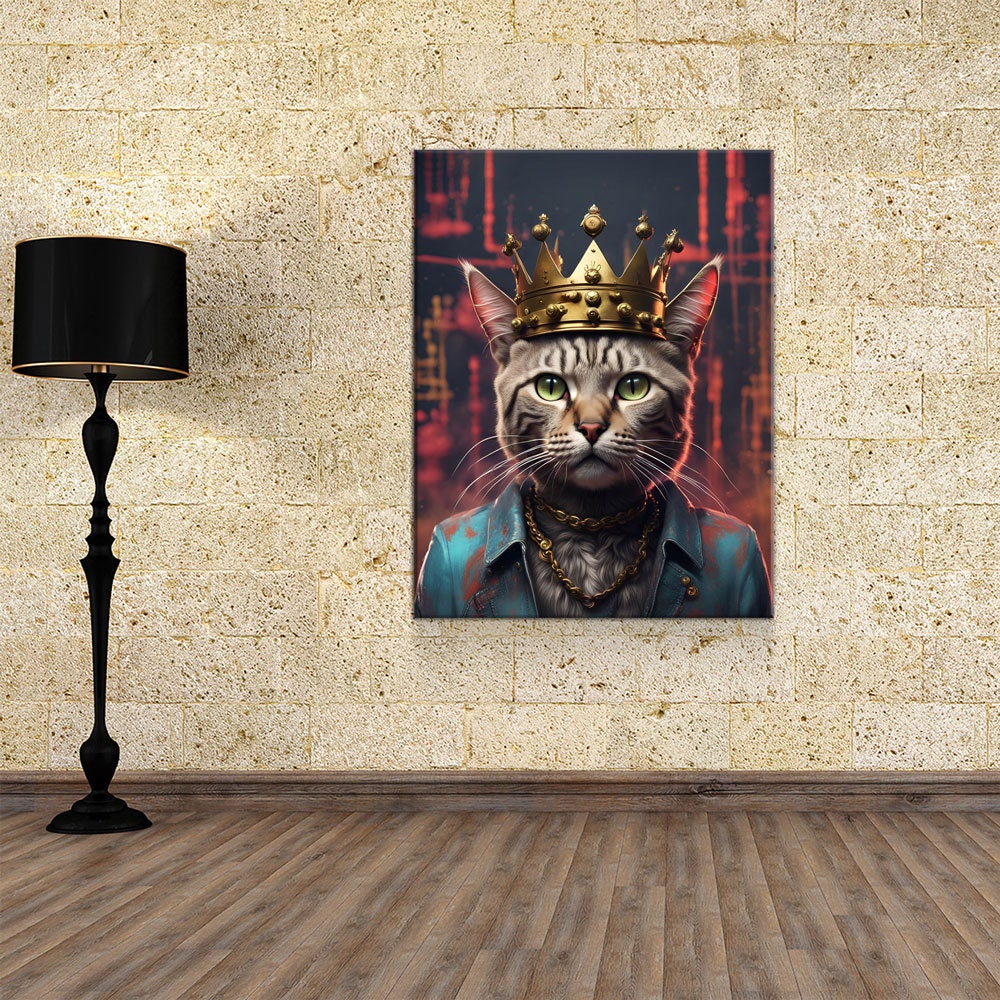 Street King Cat Canvas Wall Art, Abstract Cat Art, Street Cat Art, Cat With Crown Print, Funny Cat Print
