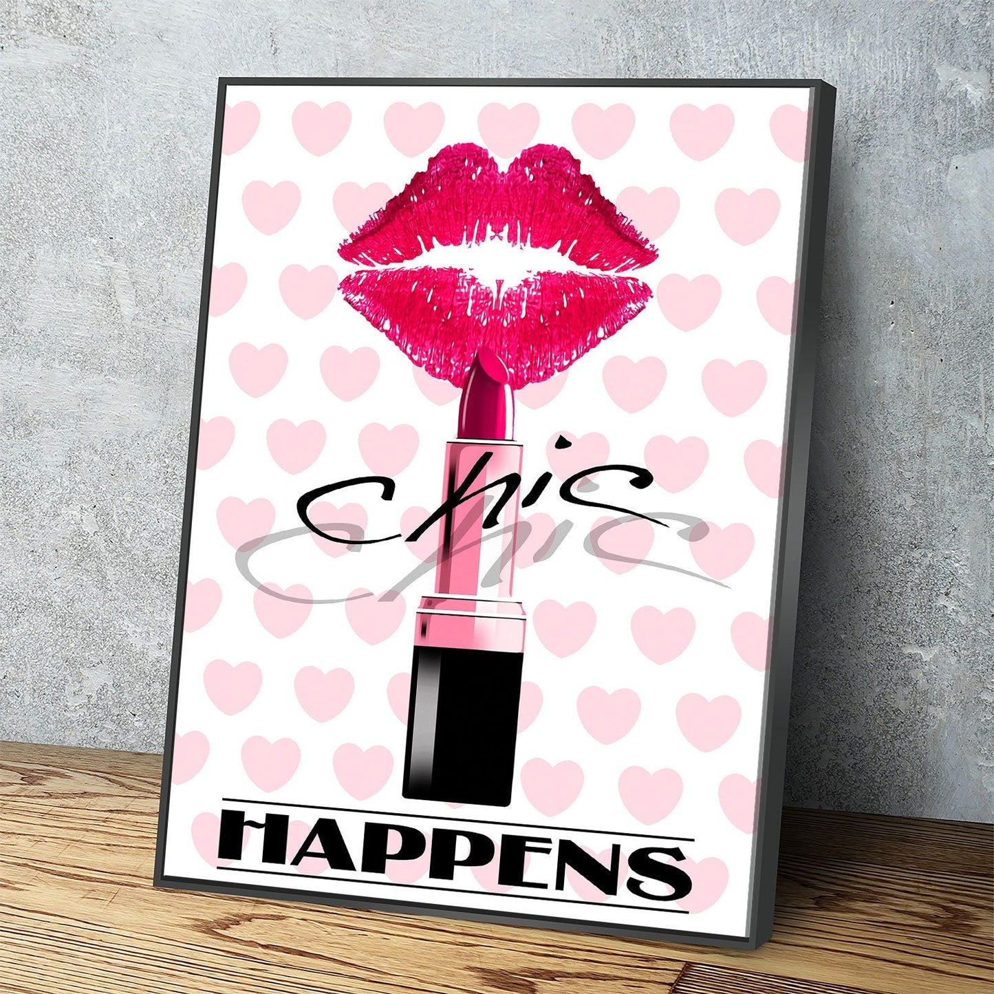 Chic Happens Canvas Wall Art, Beauty Salon Decor, Beauty Parlor Decor, Girl Dorm Room Decor, Fashion Decor, Lips & Lipstick Print Black Floating Frame