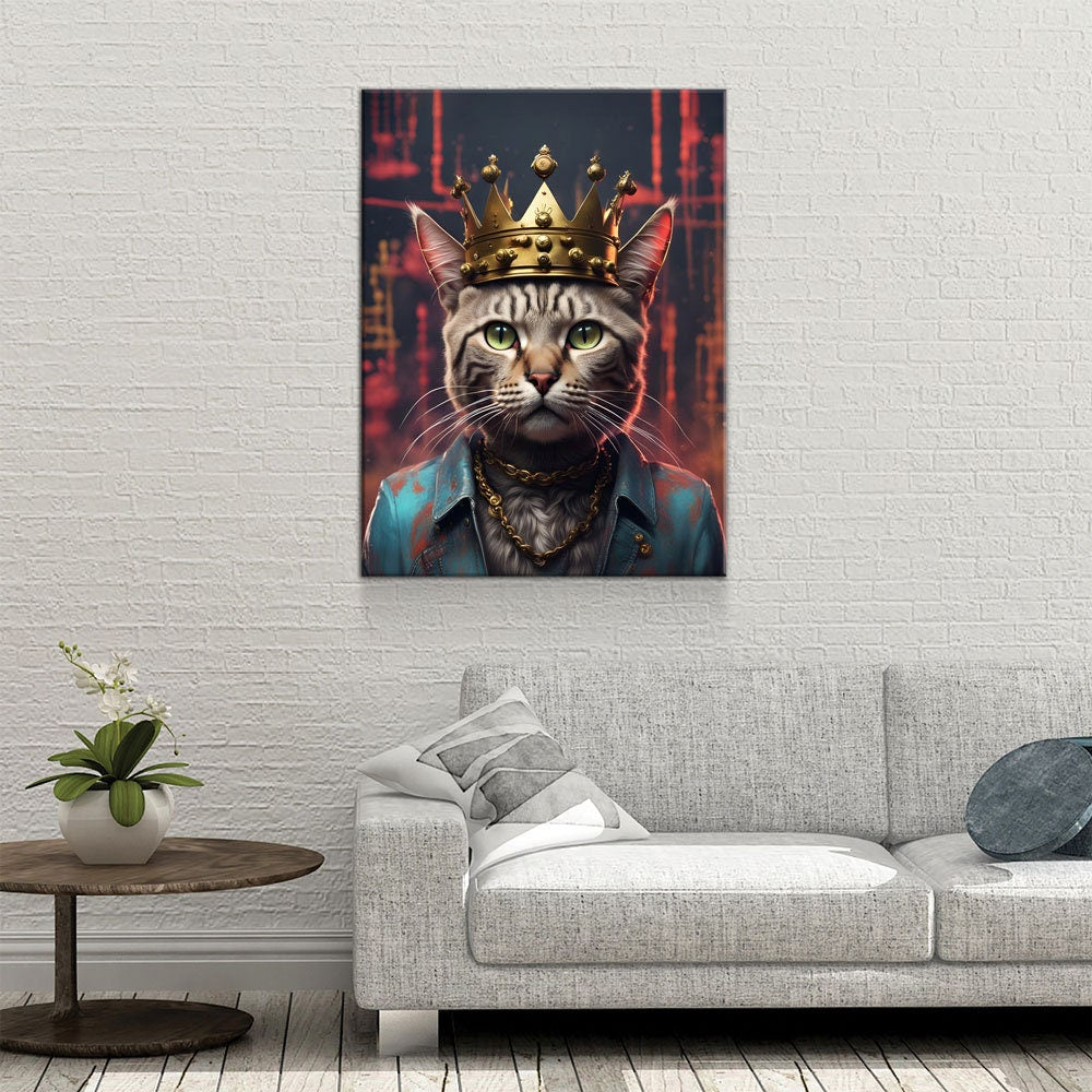 Street King Cat Canvas Wall Art, Abstract Cat Art, Street Cat Art, Cat With Crown Print, Funny Cat Print