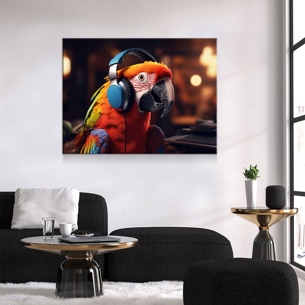 Party Parrot Canvas Wall Art, Parrot With Headphones, Parrot DJ, Parrot Decor, Funny Parrot Art Gallery Wrap