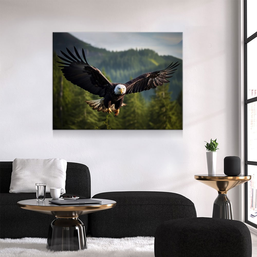 Flying Bald Eagle Canvas Wall Art, Bald Eagle Soaring Through Forest, Bald Eagle Decor, North American Eagle Gallery Wrap