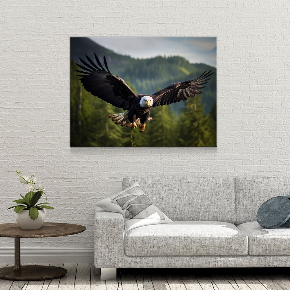 Flying Bald Eagle Canvas Wall Art, Bald Eagle Soaring Through Forest, Bald Eagle Decor, North American Eagle