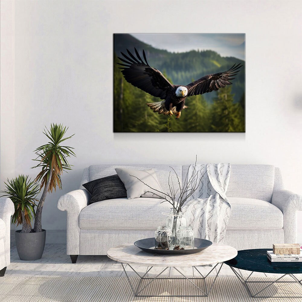 Flying Bald Eagle Canvas Wall Art, Bald Eagle Soaring Through Forest, Bald Eagle Decor, North American Eagle