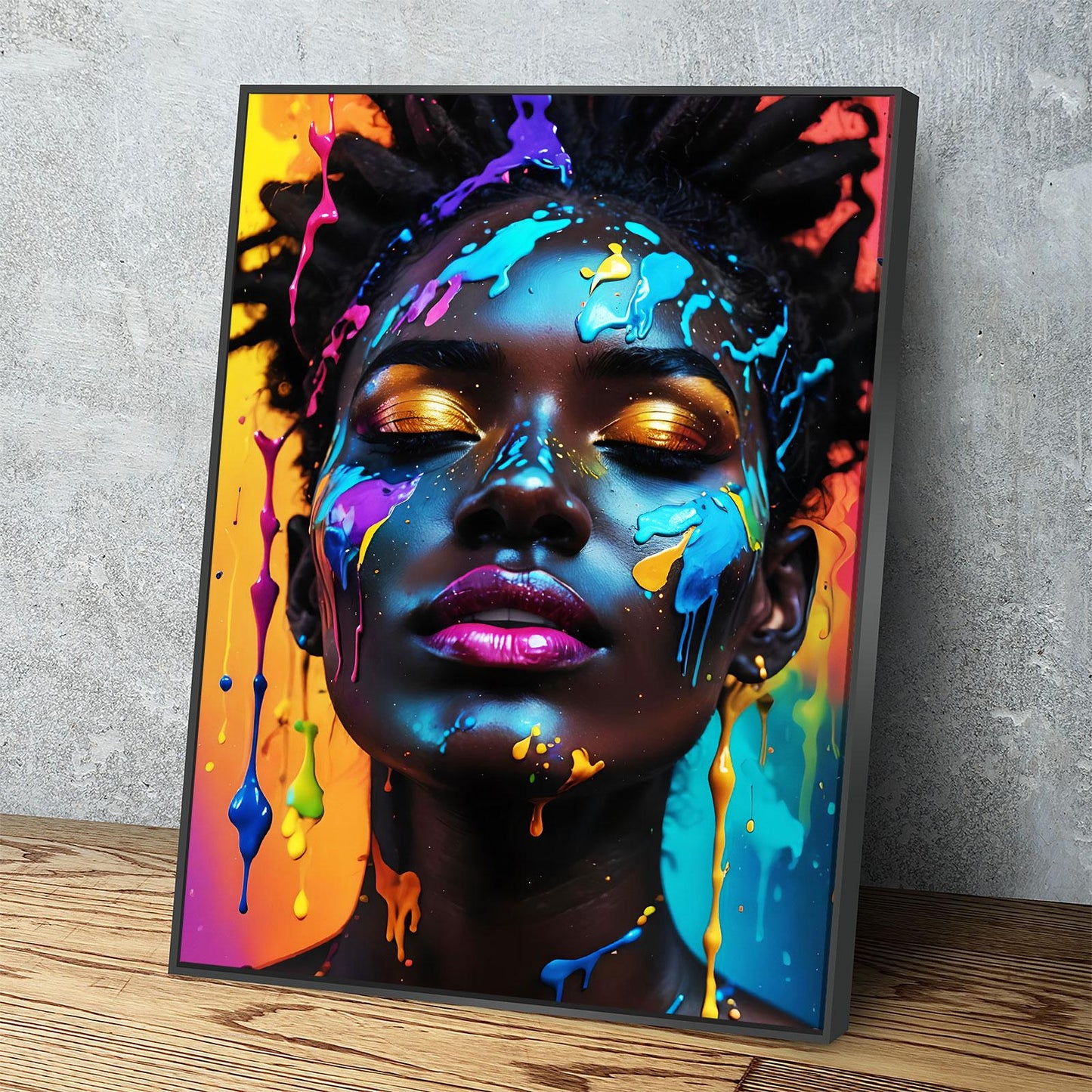 Black Girl With Paint Splatter Canvas Wall Art, African American Fashion Print, Beautiful Woman Print, Fashion Paint Makeup, Salon Decor With Floating Frame