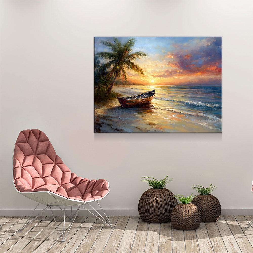 Tropical Beach Sunset Canvas Wall Art, Ocean Beach Boat, Tropical Decor, Beach House, Coastal Decor, Ocean Sunset, Tropical Island Beach