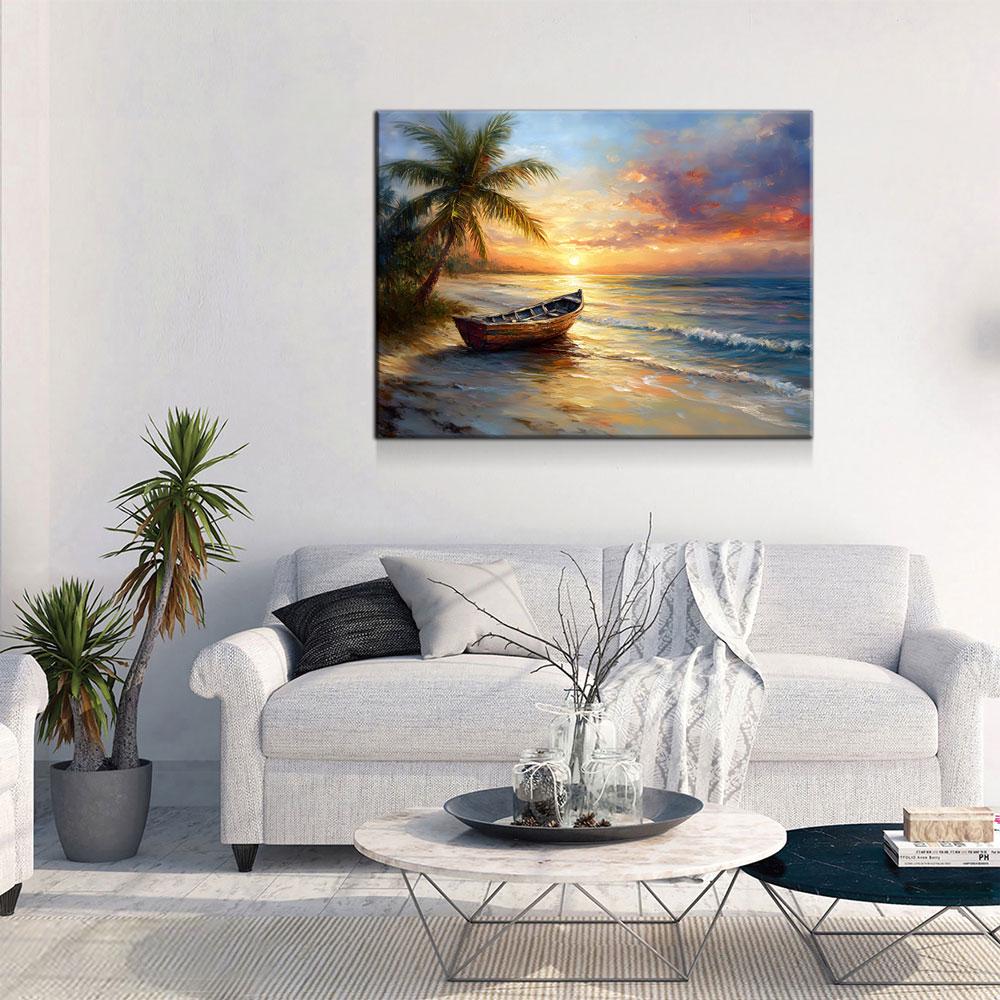 Tropical Beach Sunset Canvas Wall Art, Ocean Beach Boat, Tropical Decor, Beach House, Coastal Decor, Ocean Sunset, Tropical Island Beach