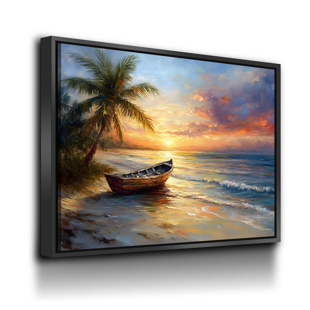 Tropical Beach Sunset Canvas Wall Art, Ocean Beach Boat, Tropical Decor, Beach House, Coastal Decor, Ocean Sunset, Tropical Island Beach