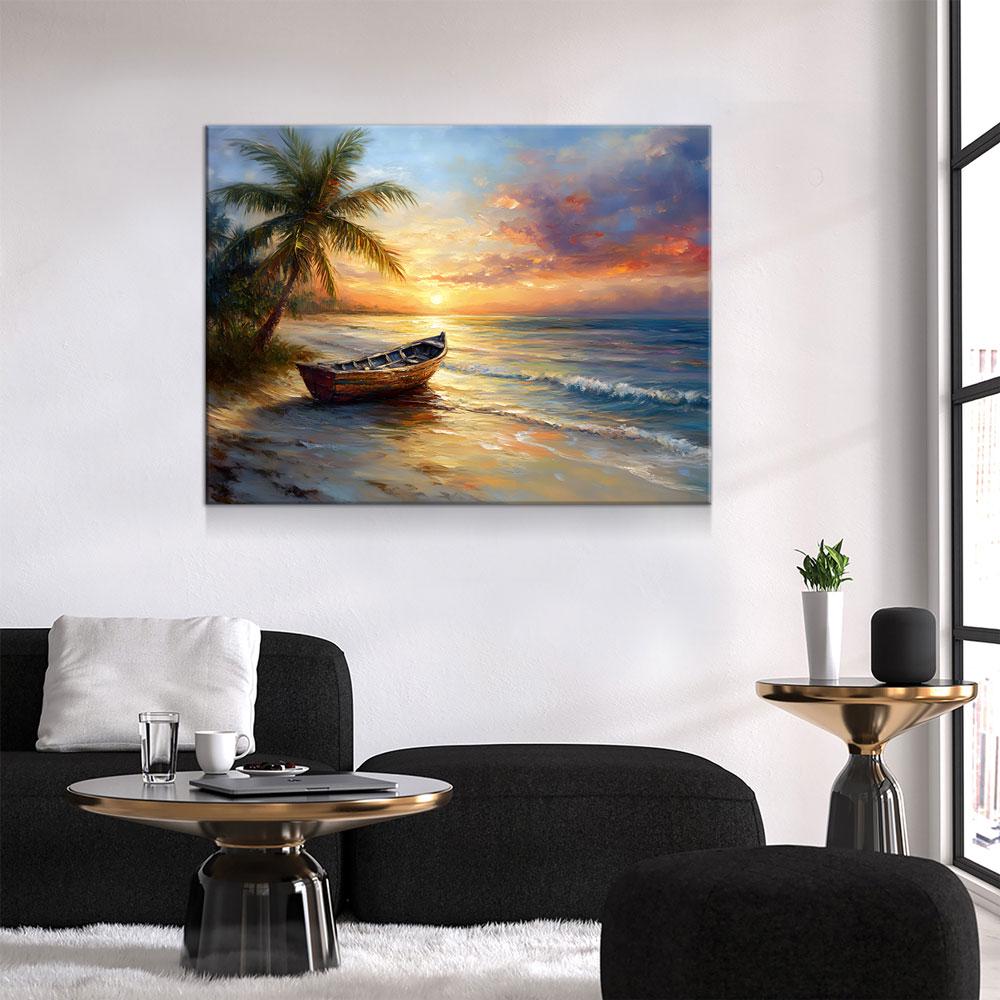 Tropical Beach Sunset Canvas Wall Art, Ocean Beach Boat, Tropical Decor, Beach House, Coastal Decor, Ocean Sunset, Tropical Island Beach Gallery Wrap