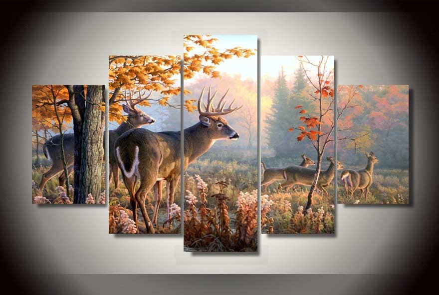 Deer In Forest Hunters 5-Piece Wall Art Canvas, Deer Hunting Decor