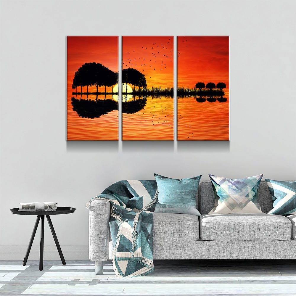 Guitar Tree Lake Sunset 3-Piece Wall Art Canvas