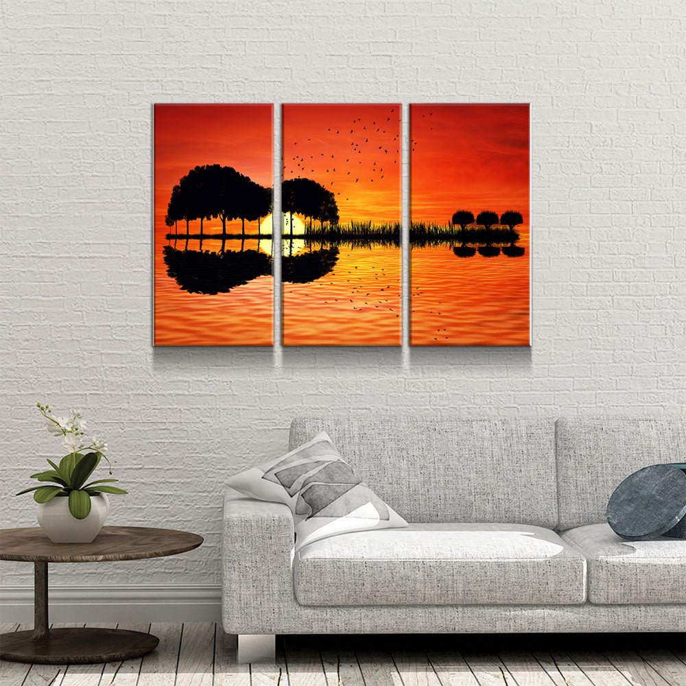 Guitar Tree Lake Sunset 3-Piece Wall Art Canvas