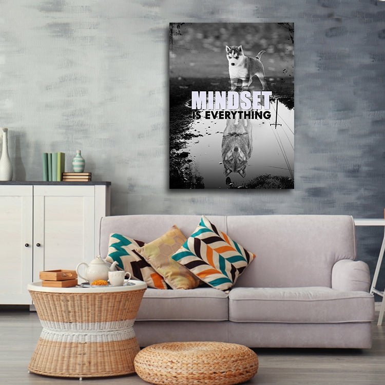 Mindset Is Everything Canvas Wall Art, Motivational Decor, Husky & Wolf Reflection