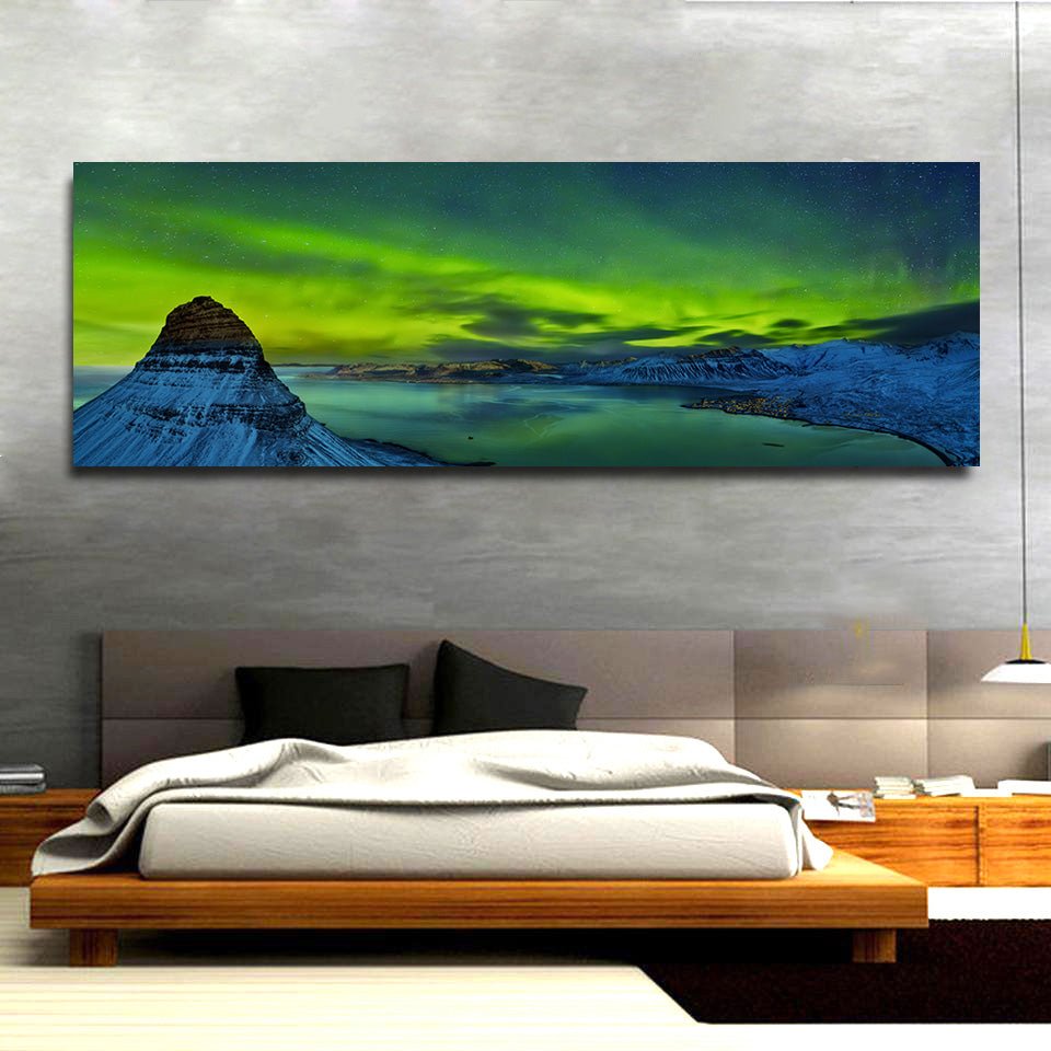 Northern Lights Aurora Borealis Framed Canvas Wall Art Landscape Iceland Decor Kirkjufell Mountain