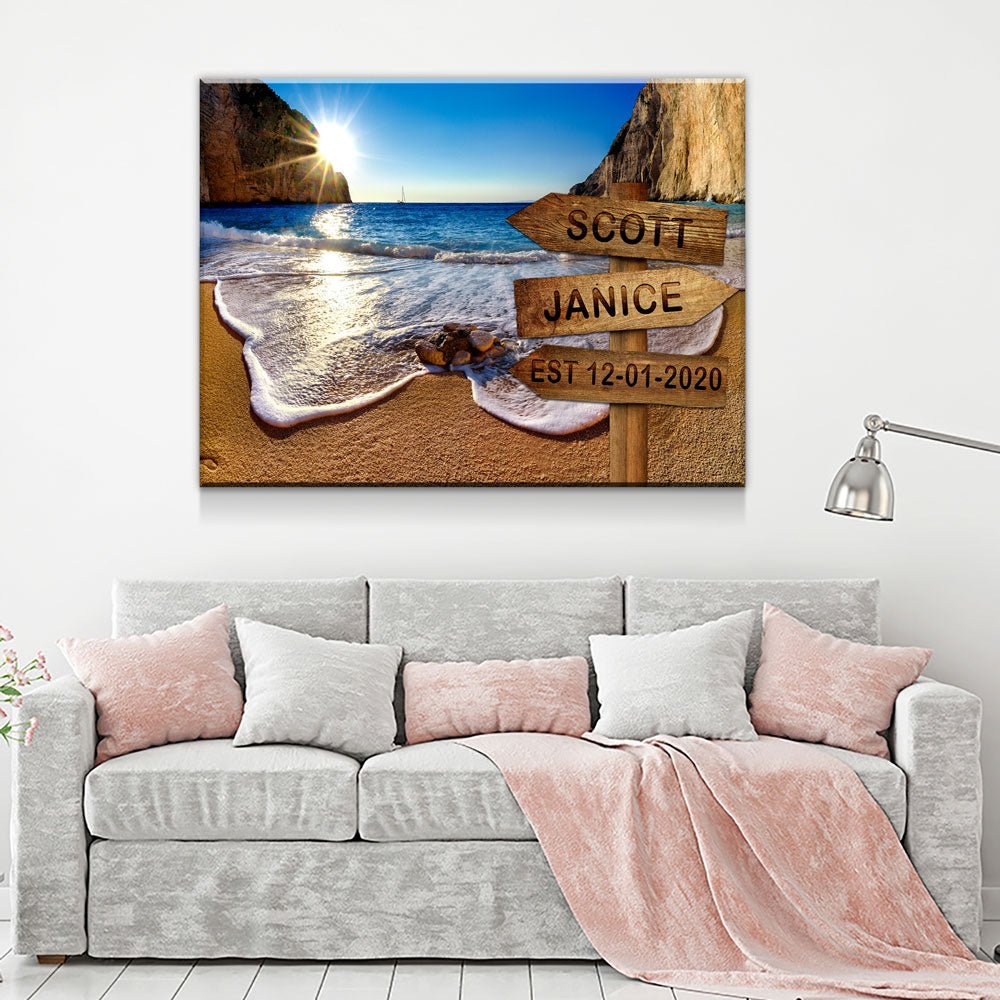 Personalized Names Date Beach Sign Canvas Wall Art, Couples Romantic Gift Gallery Wrap