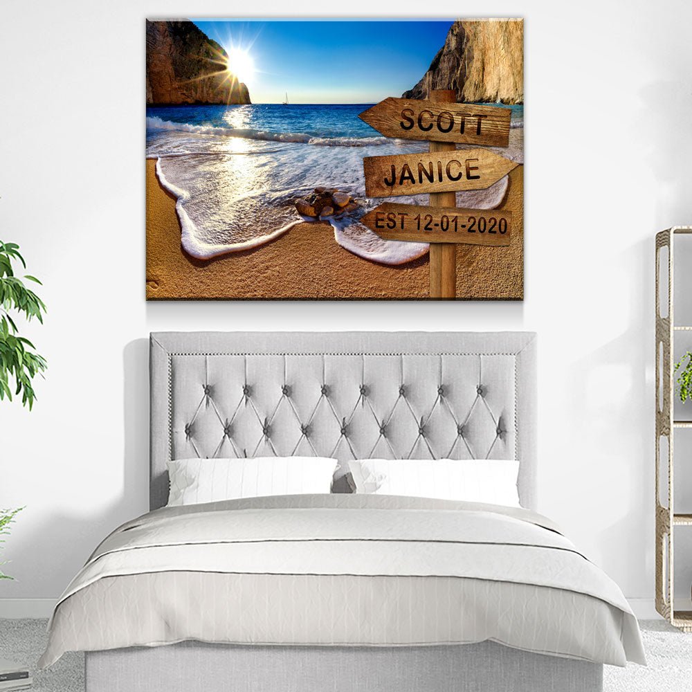 Personalized Names Date Beach Sign Canvas Wall Art, Couples Romantic Gift
