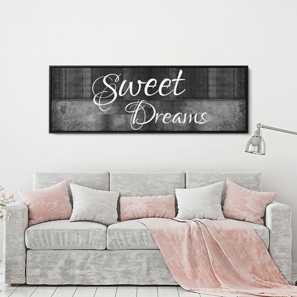 Sweet Dreams Wall Art Canvas, Sweet Dreams Above The Bed Decor Gray With Black Floating Frame