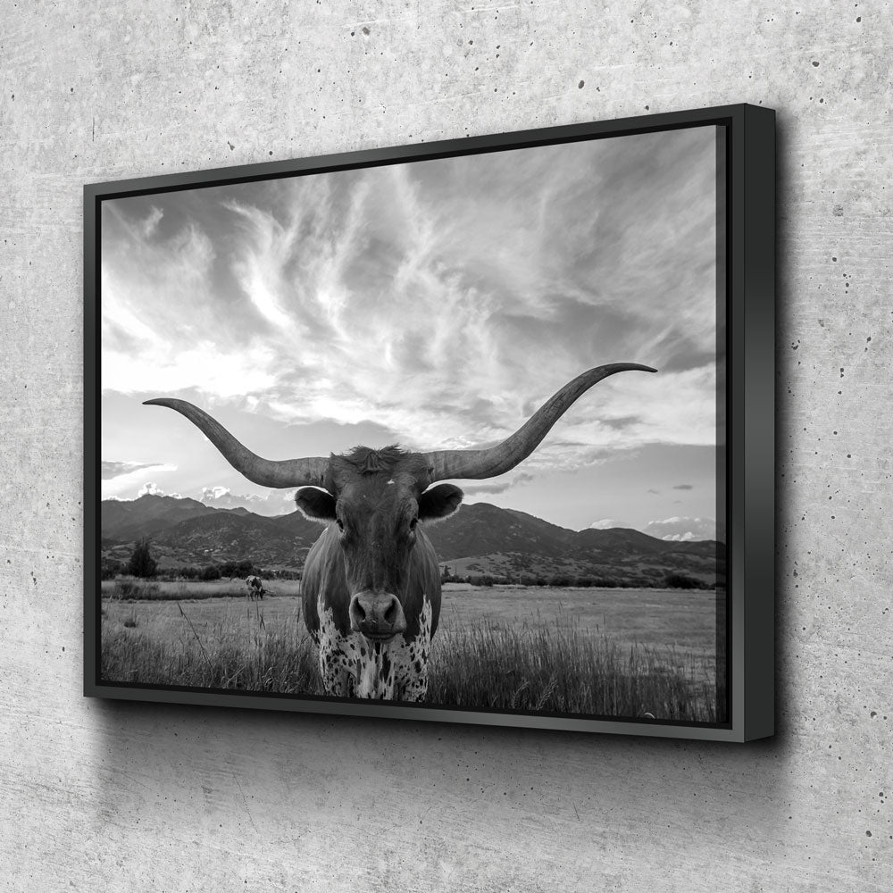 Texas Longhorn Black & White Canvas Wall Art, Ranch Decor With Floating Frame
