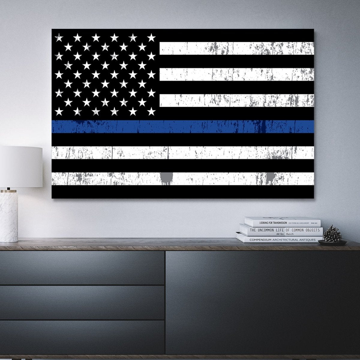 Thin Blue Line US Flag Framed Canvas Wall Art Blue Lives Matter LEO Police