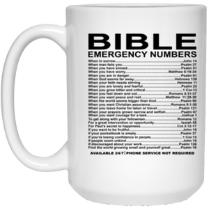 Emergency Bible Numbers Coffee Mug, Bible Mug, Bible Gift 15 oz. White Mug