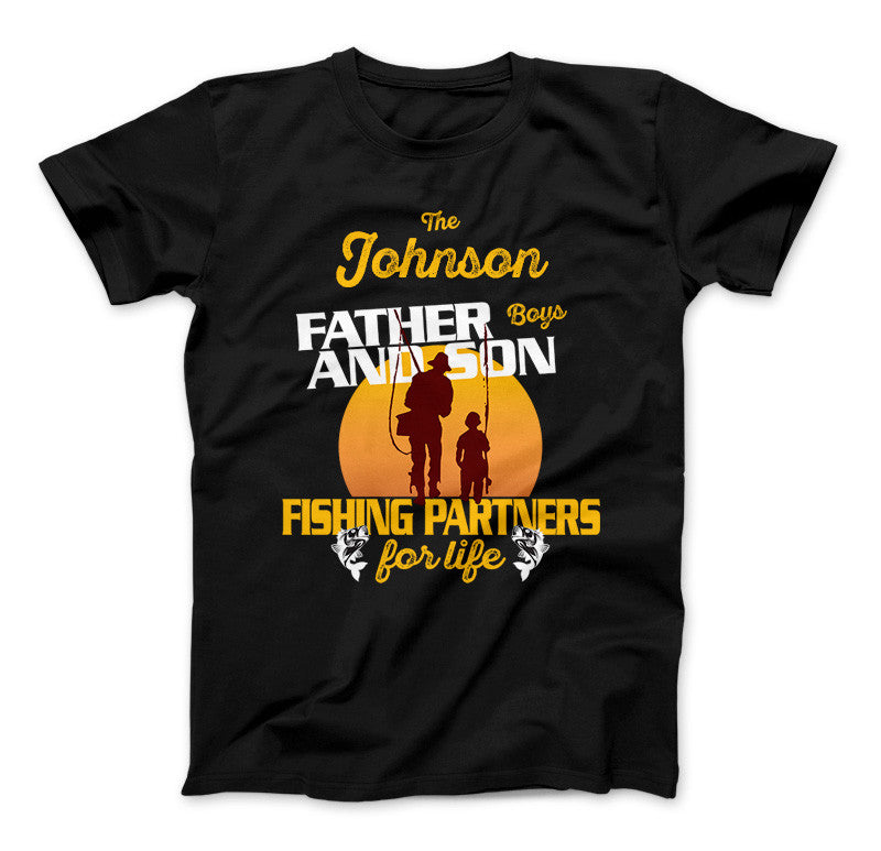 Father & Son Fishing Partners For Life Personalized Family Name Custom T-Shirt Black Standard T