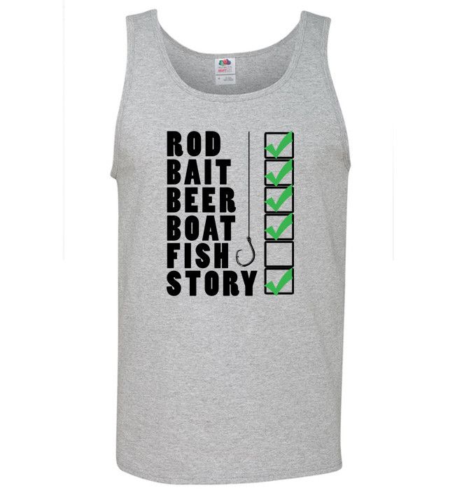 Fishing Checklist Rod Bait Beer Boat Fish Story Fishing Shirt Tank Top Grey
