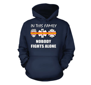 In This Family Nobody Fights Alone Dispatcher Gold and Red Line T-Shirt EMT, Rescue, Firefighters & Dispatchers - Love Family & Home