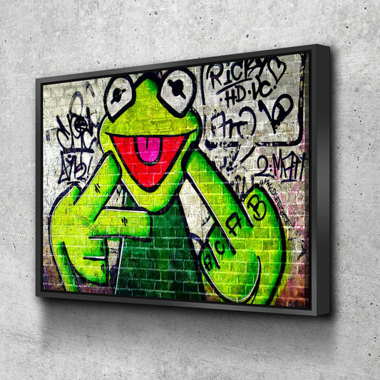 Banksy Frog Flip Off Canvas Wall Art, Abstract Wall Art With Floating Frame