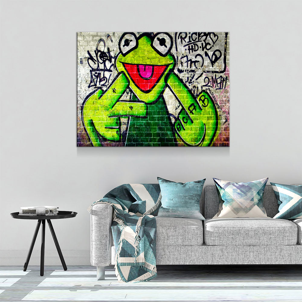 Banksy Frog Flip Off Canvas Wall Art, Abstract Wall Art Gallery Wrap