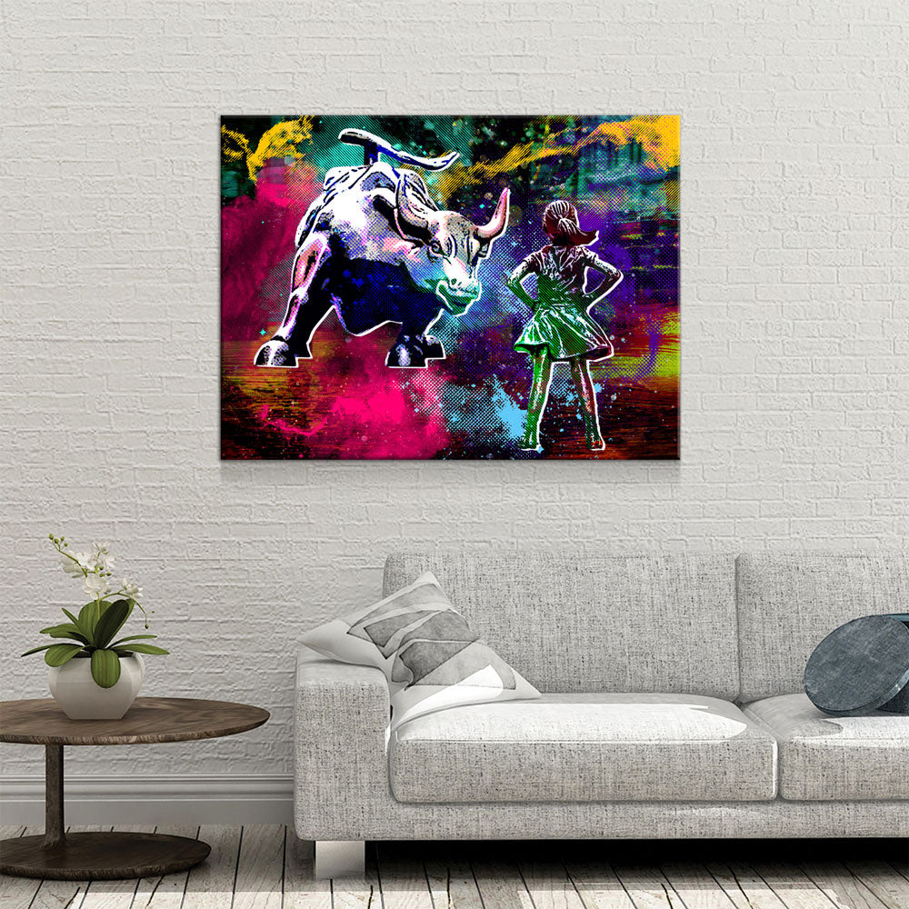 Fearless Girl Charging Bull Statue Canvas Wall Art, Charging Bull Wall Street Art