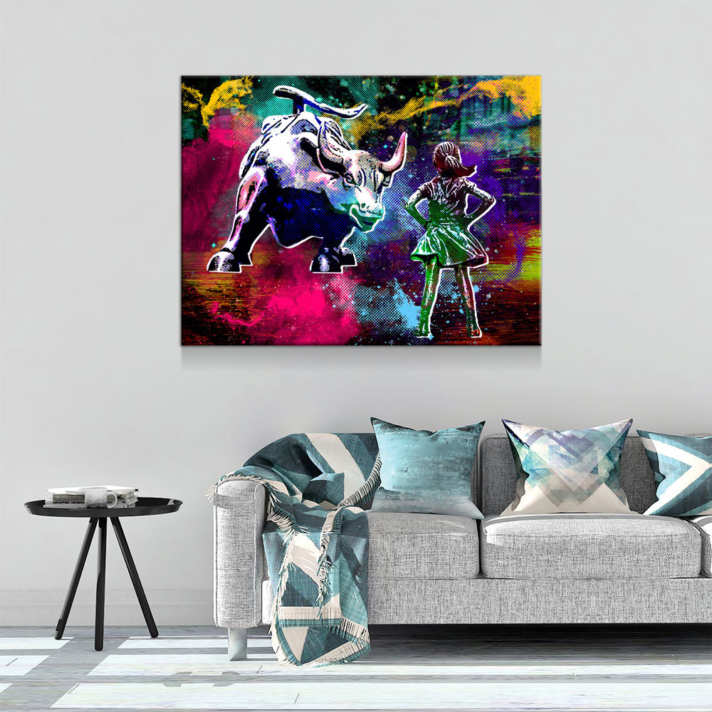 Fearless Girl Charging Bull Statue Canvas Wall Art, Charging Bull Wall Street Art