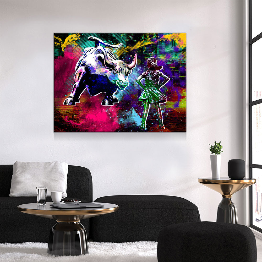 Fearless Girl Charging Bull Statue Canvas Wall Art, Charging Bull Wall Street Art Gallery Wrap