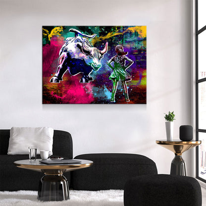 Fearless Girl Charging Bull Statue Canvas Wall Art, Charging Bull Wall Street Art Gallery Wrap