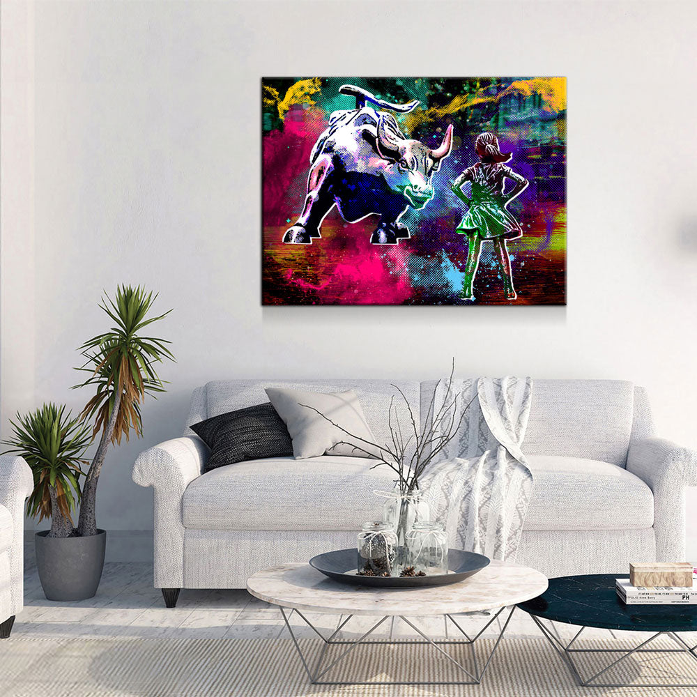 Fearless Girl Charging Bull Statue Canvas Wall Art, Charging Bull Wall Street Art