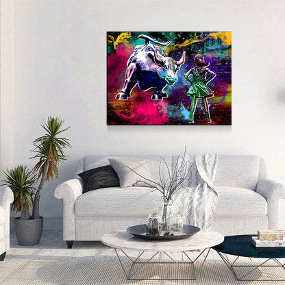 Fearless Girl Charging Bull Statue Canvas Wall Art, Charging Bull Wall Street Art