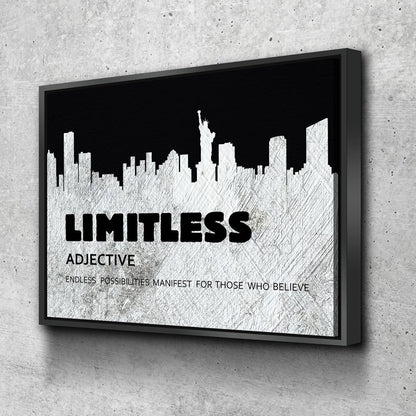 Limitless Motivational Canvas Wall Art, New York Skyline Success Quote Floating Frame