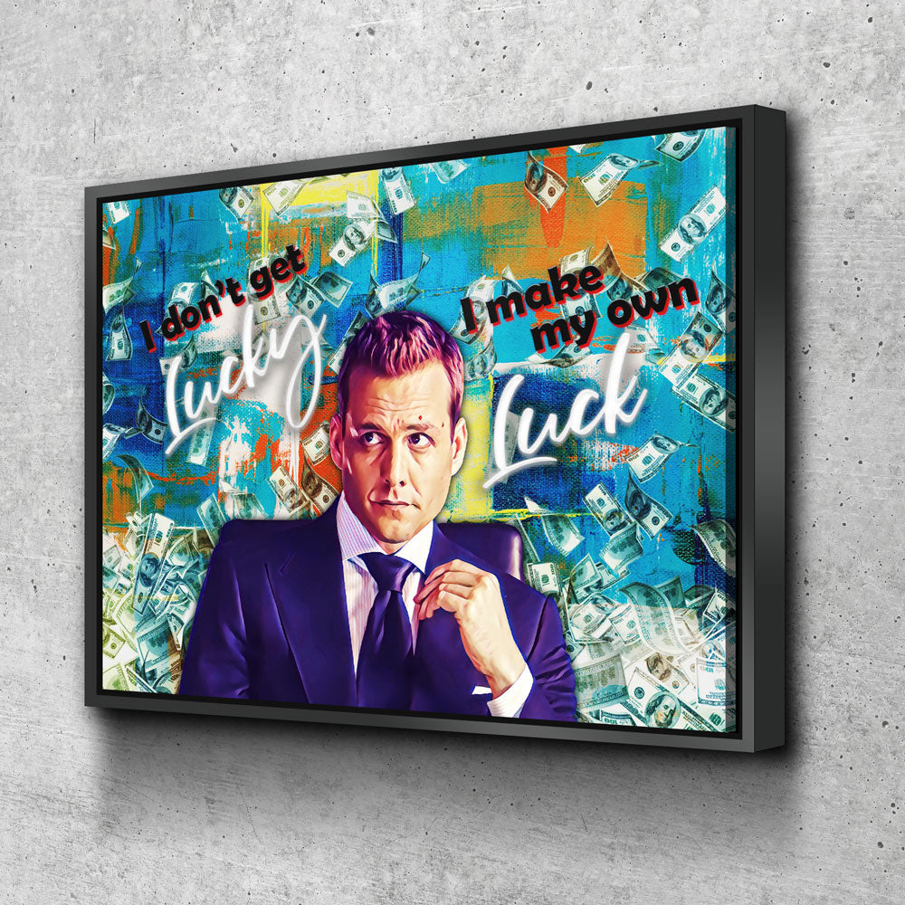 I Don't Get Lucky I Make My Own Luck Canvas Wall Art, Harvey Specter Quote, Motivational Decor, Inspirational Quote, Hustle Quote Black Floating Frame