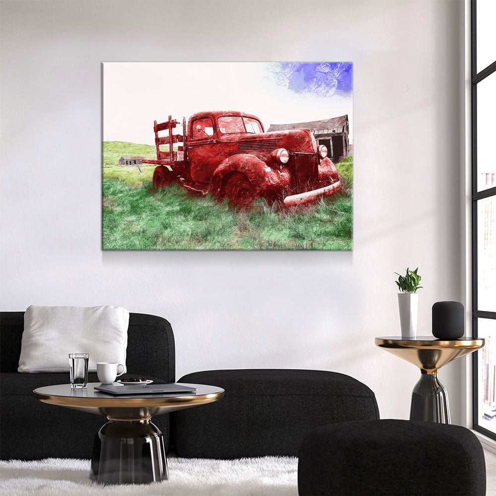 Old Red Farm Truck Abstract Canvas Wall Art, Old Farm Truck Art