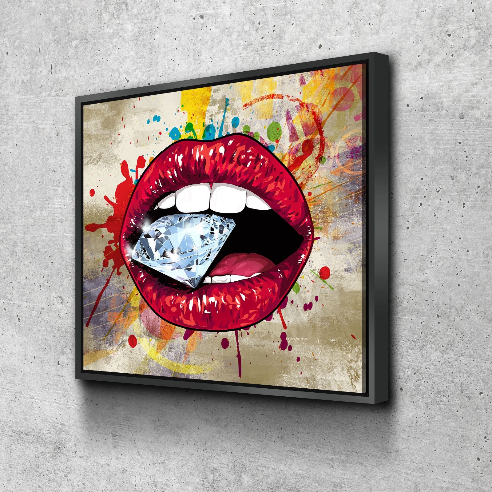 Lips Wall Art, Red Hot Lips Crazy Diamond Lips Wall Canvas Art, Pop Art Decor Floating Frame