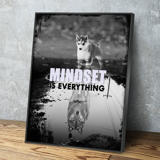 Mindset Is Everything Canvas Wall Art, Motivational Decor, Husky & Wolf Reflection Floating Frame