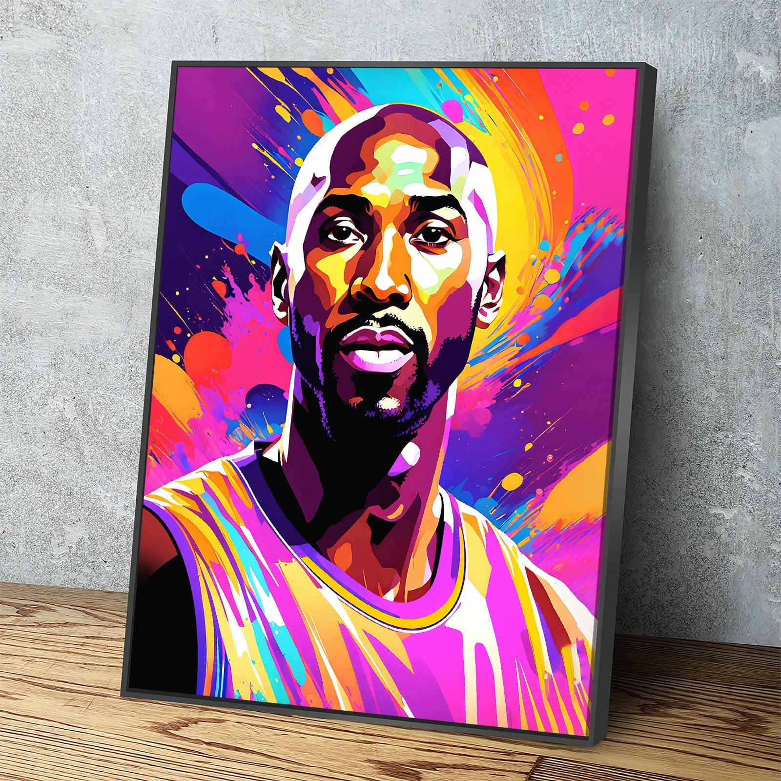 Abstract Kobe Canvas Wall Art, Colorful Kobe Print Black Floating Frame