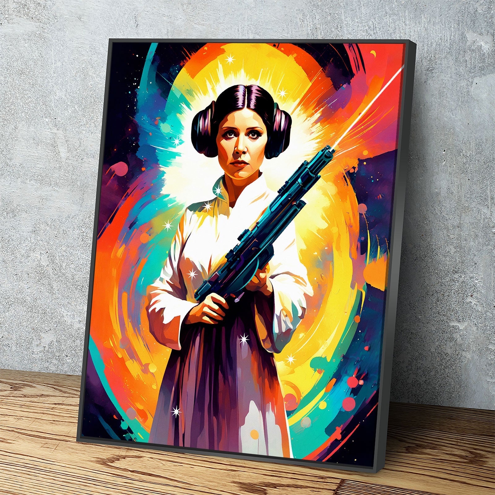 Abstract Princess Leia Canvas Wall Art, Colorful Princess Leia Print Black Floating Frame