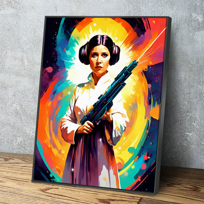 Abstract Princess Leia Canvas Wall Art, Colorful Princess Leia Print Black Floating Frame