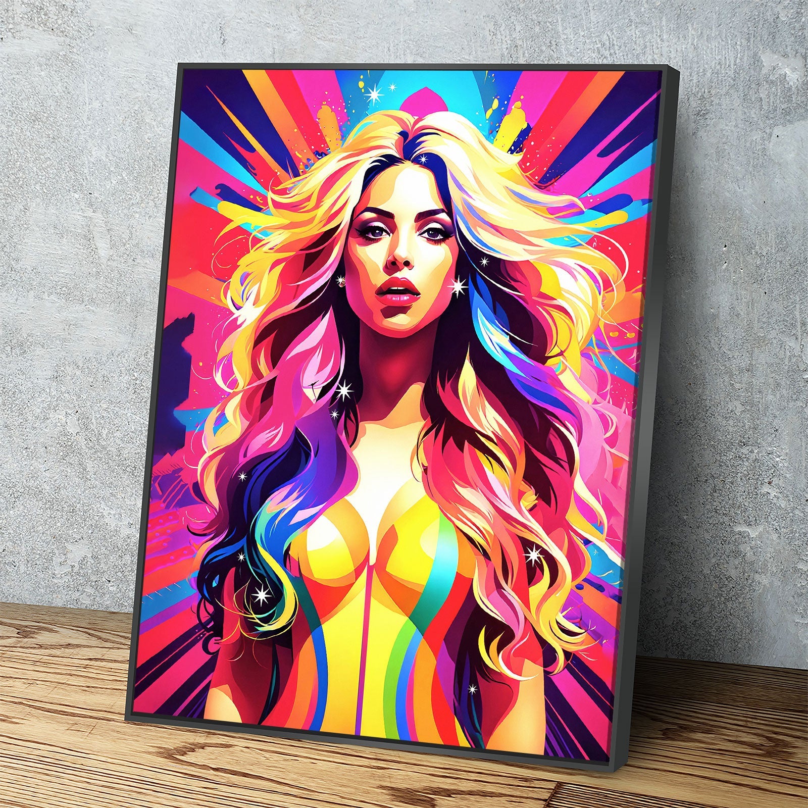 Abstract Shakira Canvas Wall Art, Shakira Colorful Print Black Floating Frame